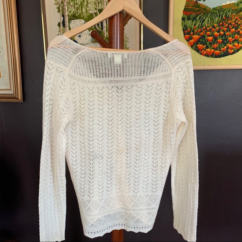 Vintage Ivory Merino Wool Sweater Pointelle Knit V-neck L - Picture 3 of 6